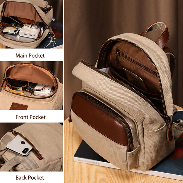 Small Women's Canvas And Leather Backpack Purse Rucksack For Women