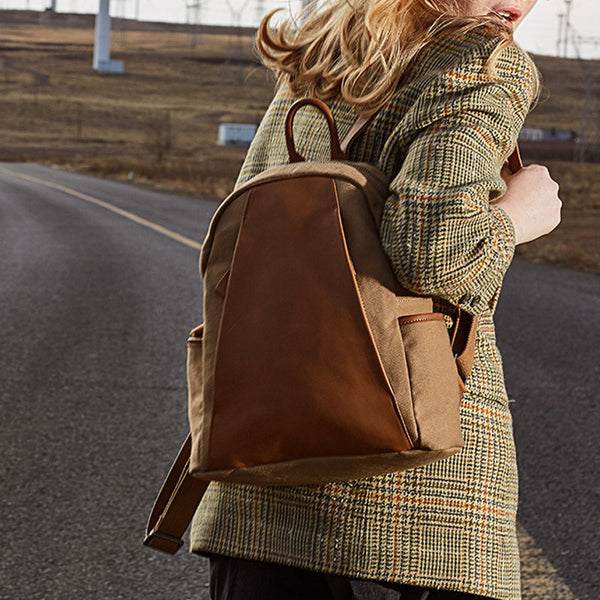 Small Women's Brown Canvas and Leather Backpack Purse Handbags for Women