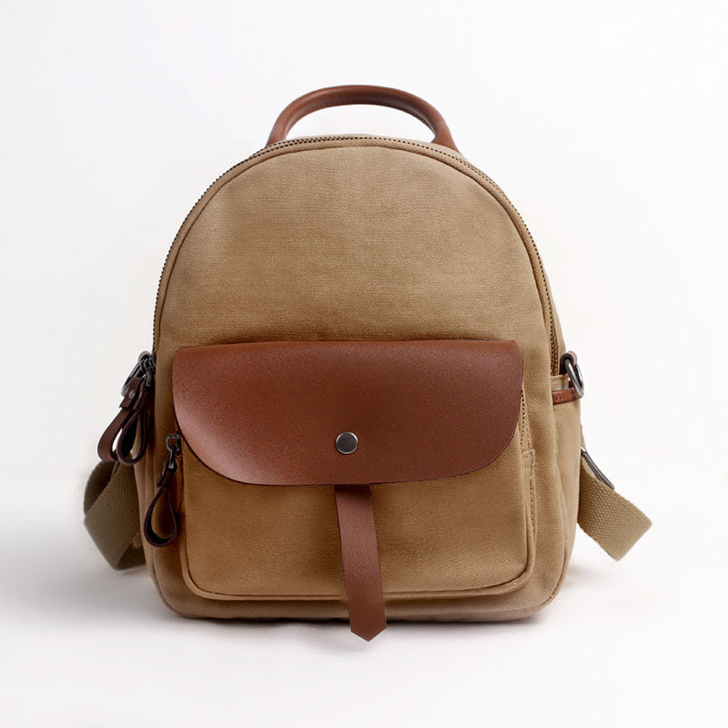 Small Women's White Canvas and Leather Backpack Purse With Zipper for Women Brown