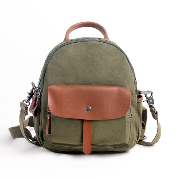 Small Women's White Canvas and Leather Backpack Purse With Zipper for Women Fashion