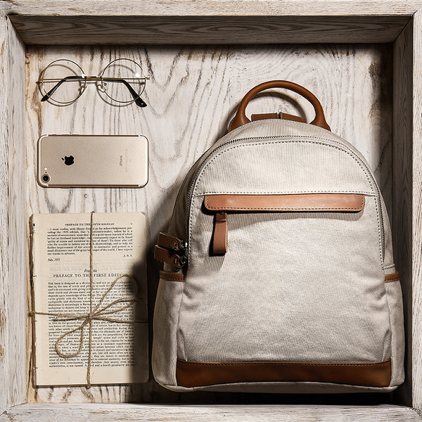Small Women's Canvas and Leather Rucksack Hiking Backpack Purse for Women Beautiful