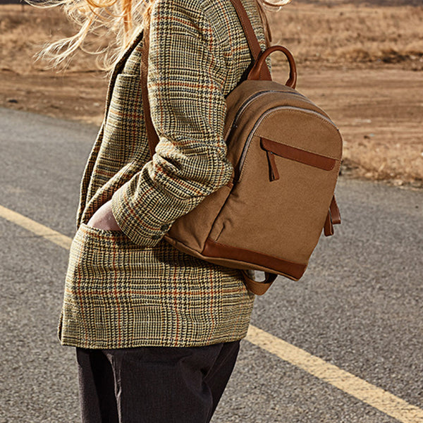 Small Women's Canvas and Leather Rucksack Hiking Backpack Purse for Women Chic