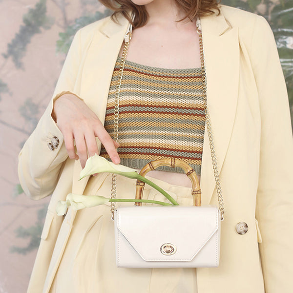 Small Women's Chain Strap Leather Crossbody Satchel With Bamboo Handle Handbags For Women