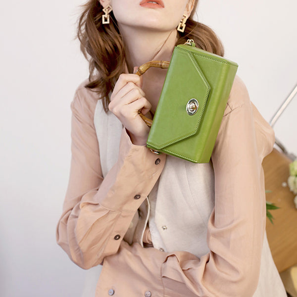 Small Women's Chain Strap Leather Crossbody Satchel With Bamboo Handle Handbags For Women