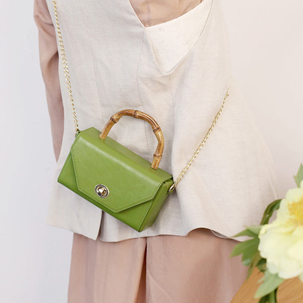 Small Women's Chain Strap Leather Crossbody Satchel With Bamboo Handle Handbags For Women