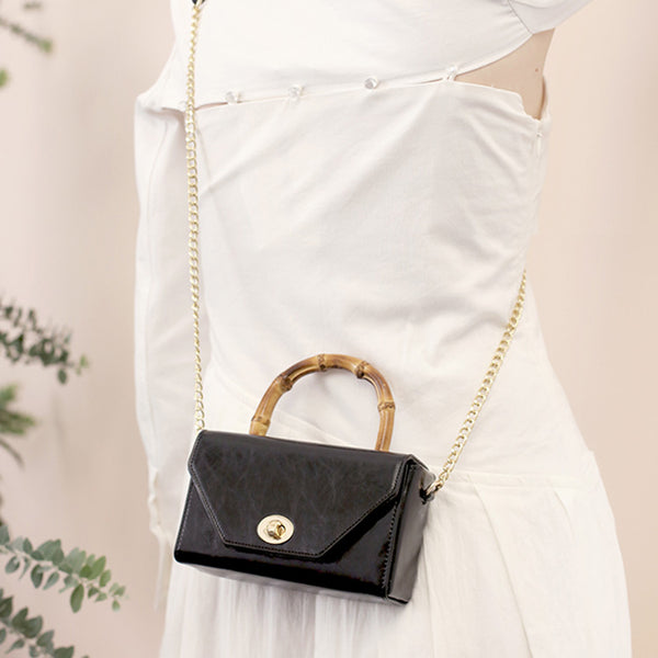 Small Women's Chain Strap Leather Crossbody Satchel With Bamboo Handle Handbags For Women