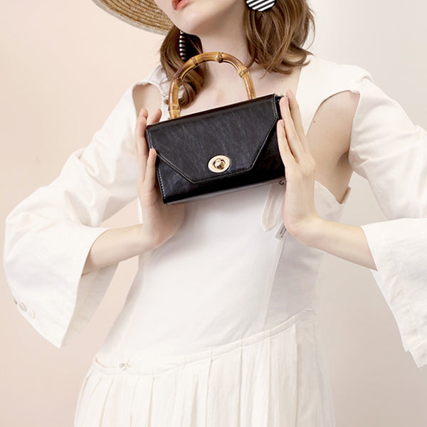 Small Women's Chain Strap Leather Crossbody Satchel With Bamboo Handle Handbags For Women