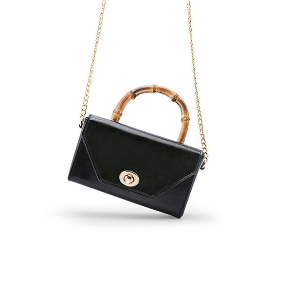 Small Women's Chain Strap Leather Crossbody Satchel With Bamboo Handle Handbags For Women