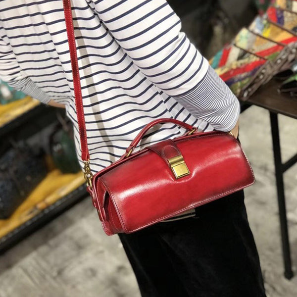 Small Women's Leather Doctor Bag Cowhide Crossbody Satchel Purse for Women Outside