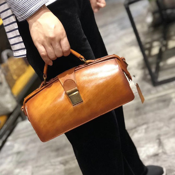 Small Women's Leather Doctor Bag Cowhide Crossbody Satchel Purse for Women Stylish