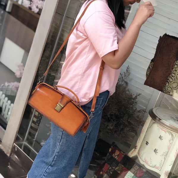 Small Women's Leather Doctor Bag Cowhide Crossbody Satchel Purse for Women Side