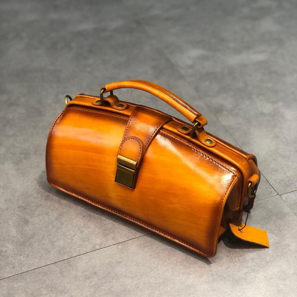 Small Women's Leather Doctor Bag Cowhide Crossbody Satchel Purse for Women Vintage