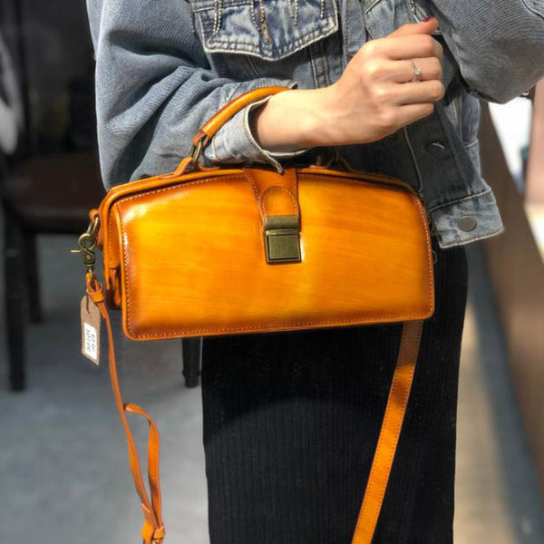 Small Women's Leather Doctor Bag Cowhide Crossbody Satchel Purse