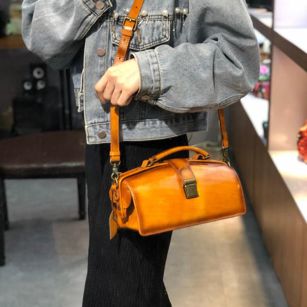 Small Women's Leather Doctor Bag Cowhide Crossbody Satchel Purse for Women Affordable