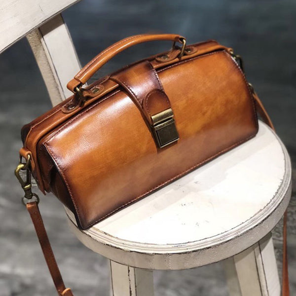 Small Women's Leather Doctor Bag Cowhide Crossbody Satchel Purse for Women Black