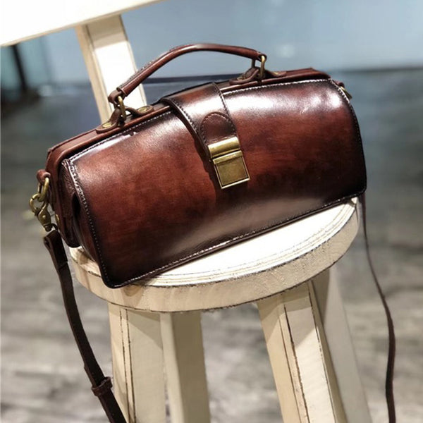 Small Women's Leather Doctor Bag Cowhide Crossbody Satchel Purse for Women Chic