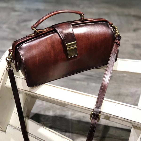 Small Women's Leather Doctor Bag Cowhide Crossbody Satchel Purse for Women Cool