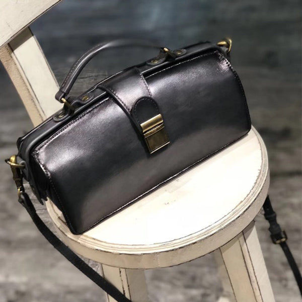 Small Women's Leather Doctor Bag Cowhide Crossbody Satchel Purse for Women Cute