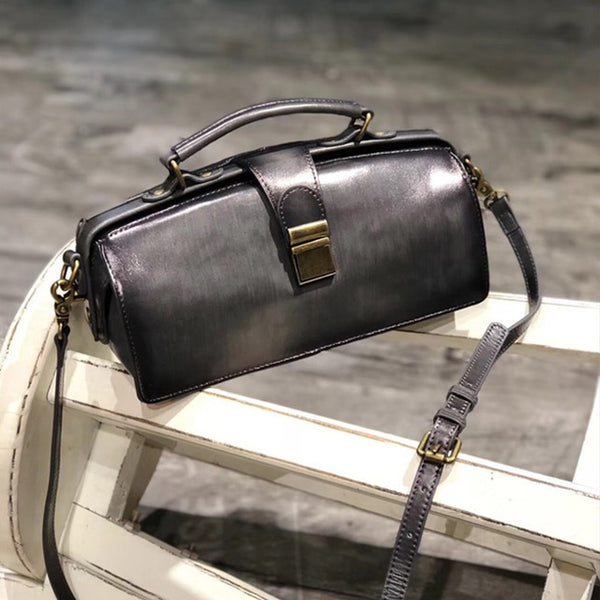 Small Women's Leather Doctor Bag Cowhide Crossbody Satchel Purse for Women Durable