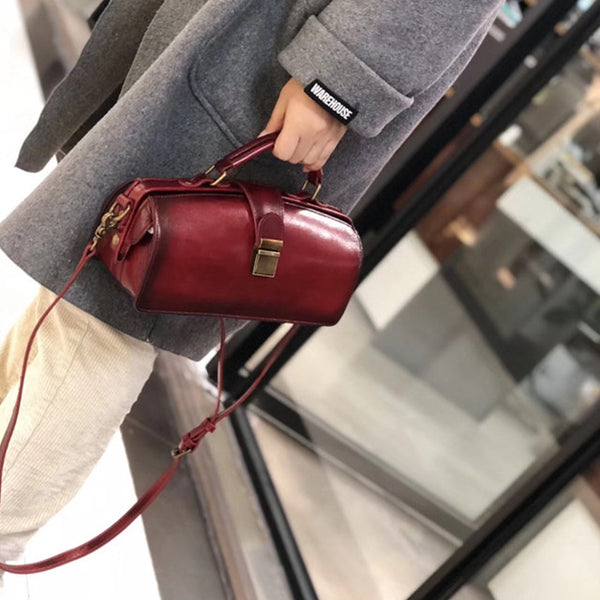 Small Women's Leather Doctor Bag Cowhide Crossbody Satchel Purse for Women Funky