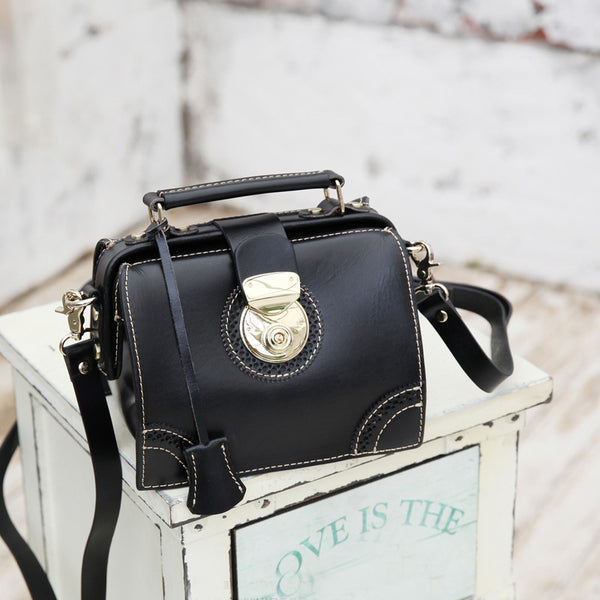 Small Women's Leather Doctor Bag Purse Shoulder Handbags Side Bag for Women Black