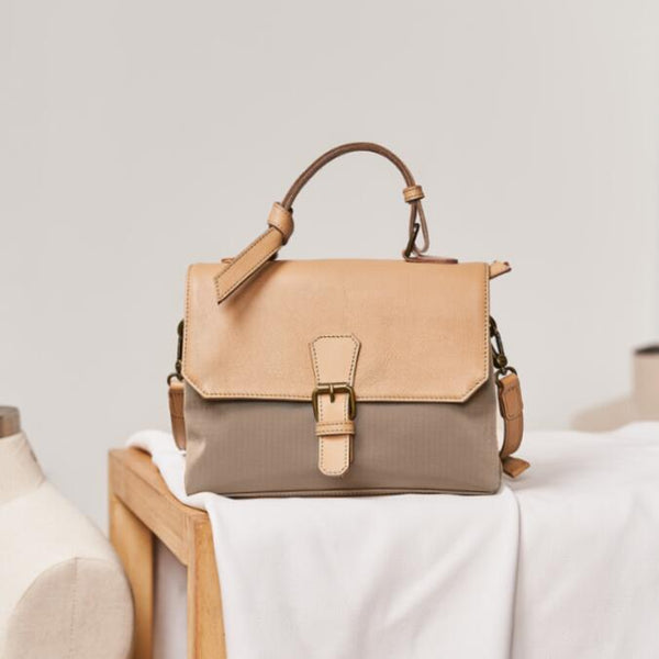 Women's Nylon And Leather Satchel Bag Side Bags For Women Brown