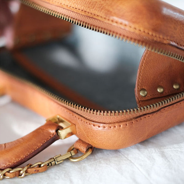 Small Women's Square Genuine Leather Crossbody Purse Side Bags For Women Handmade