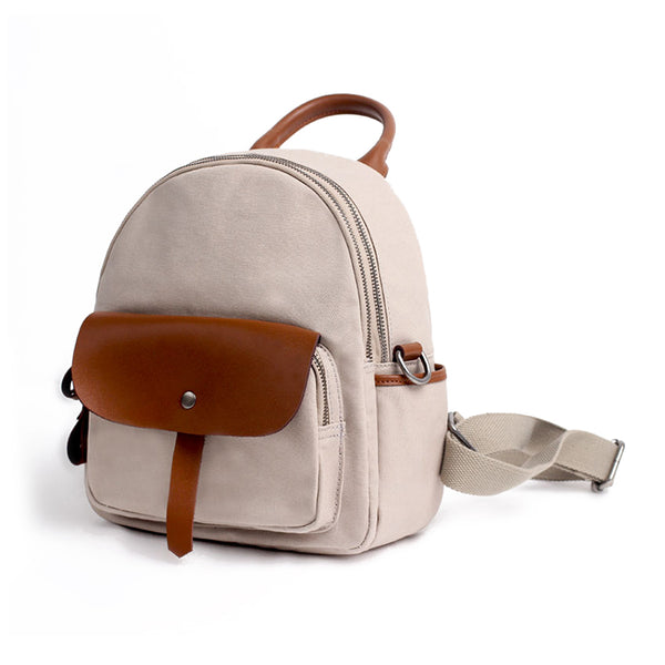 Small Women's White Canvas and Leather Backpack Purse With Zipper for Women Accessories
