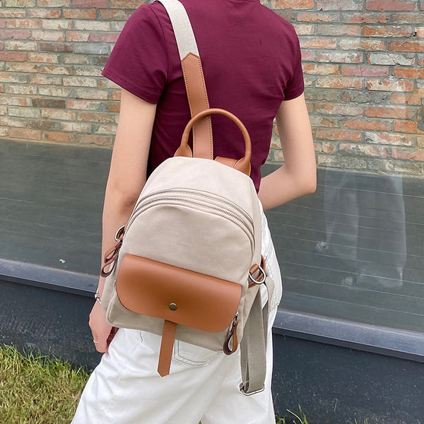 Small Women's White Canvas and Leather Backpack Purse With Zipper for Women