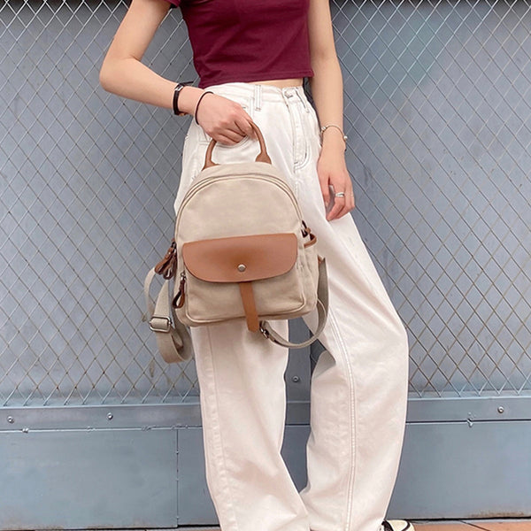 Small Women's White Canvas and Leather Backpack Purse With Zipper for Women Best