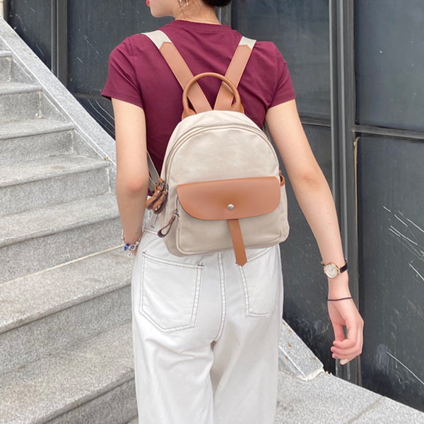 Small Women's White Canvas and Leather Backpack Purse With Zipper for Women Chic