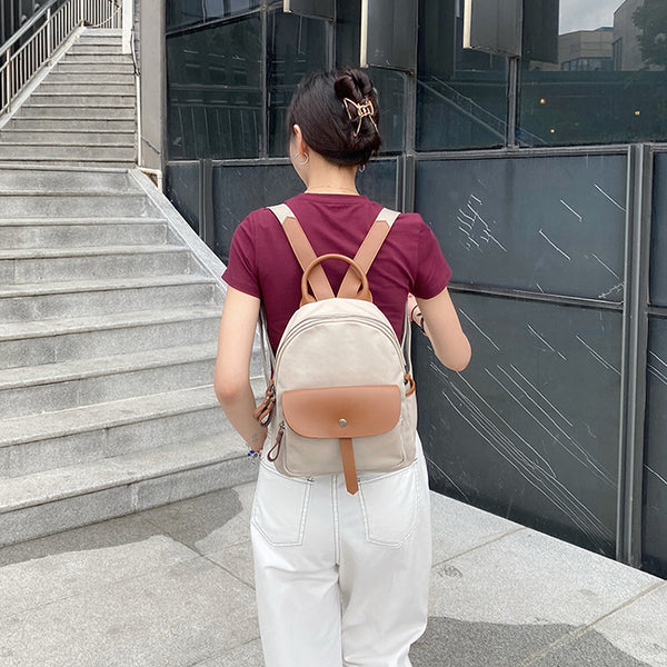 Small Women's White Canvas and Leather Backpack Purse With Zipper for Women Cool