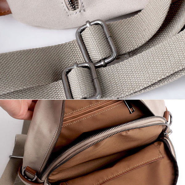 Small Women's White Canvas and Leather Backpack Purse With Zipper for Women Details