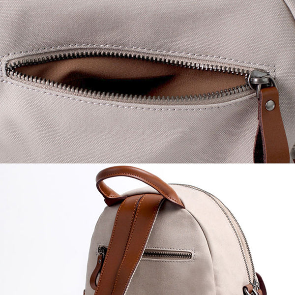 Small Women's White Canvas and Leather Backpack Purse With Zipper for Women Original