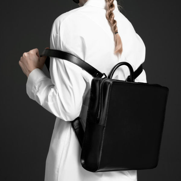 Small Womens Black Square Leather Backpack Purse Stylish Book Bags for Women