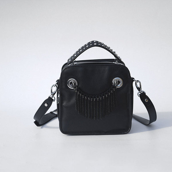 Small Womens Boho Black Leather Fringe Crossbody Bag With Metal Tassel Cross Shoulder Bag For Women Accessories