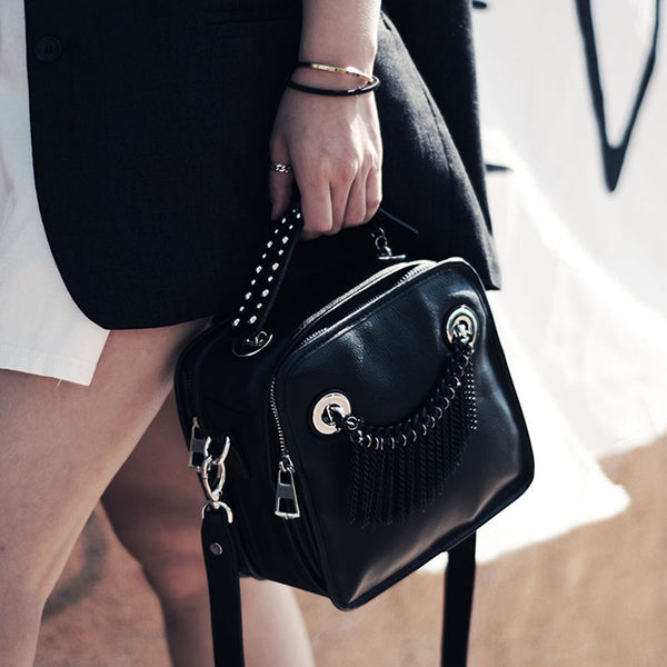 Small Womens Boho Black Leather Fringe Crossbody Bag With Metal Tassel Cross Shoulder Bag For Women Cool