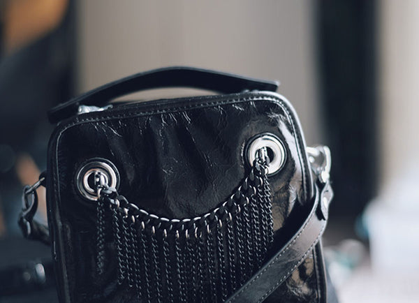 Small Womens Boho Black Leather Fringe Crossbody Bag With Metal Tassel Cross Shoulder Bag For Women Details