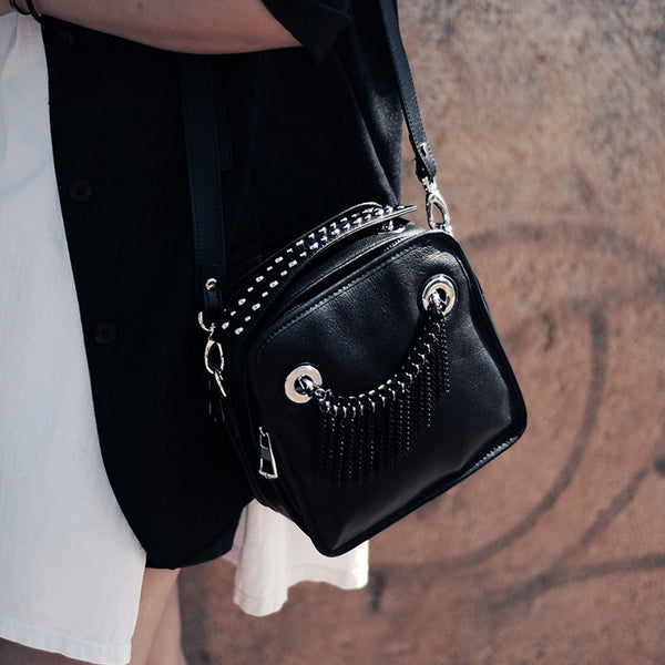 Small Womens Boho Black Leather Fringe Crossbody Bag With Metal Tassel Cross Shoulder Bag For Women Genuine Leather