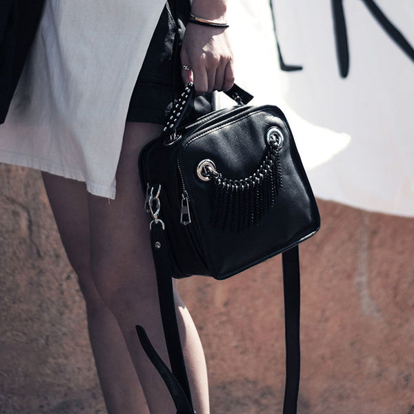 Small Womens Boho Black Leather Fringe Crossbody Bag With Metal Tassel Cross Shoulder Bag For Women Handmade