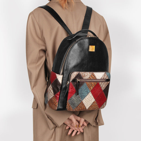 Small Womens Boho Leather Backpack Bags Leather Rucksack For Women Black