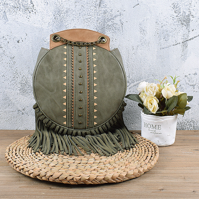 Small Womens Boho Vegan Leather Fringe Circle Crossbody Bag Purse for Women Accessories