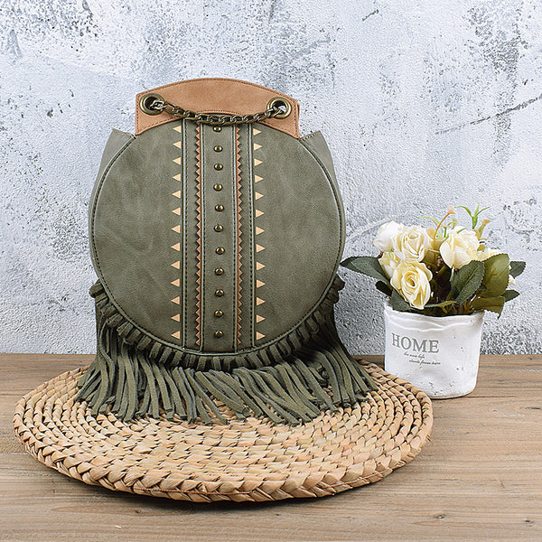 Small Womens Boho Vegan Leather Fringe Circle Crossbody Bag Purse for Women Accessories