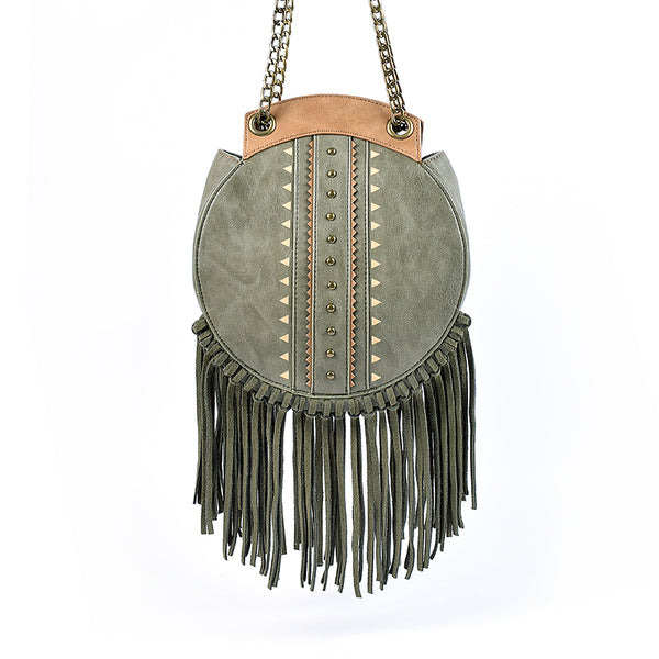 Small Womens Vegan Leather Fringe Circle Crossbody Bag Boho Purses for Women
