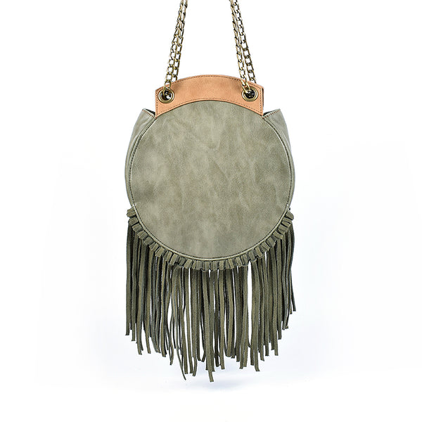 Small Womens Boho Vegan Leather Fringe Circle Crossbody Bag Purse for Women Beautiful