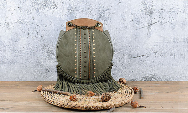 Small Womens Boho Vegan Leather Fringe Circle Crossbody Bag Purse for Women Cool