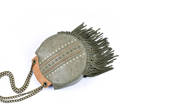 Small Womens Boho Vegan Leather Fringe Circle Crossbody Bag Purse for Women Cowhide