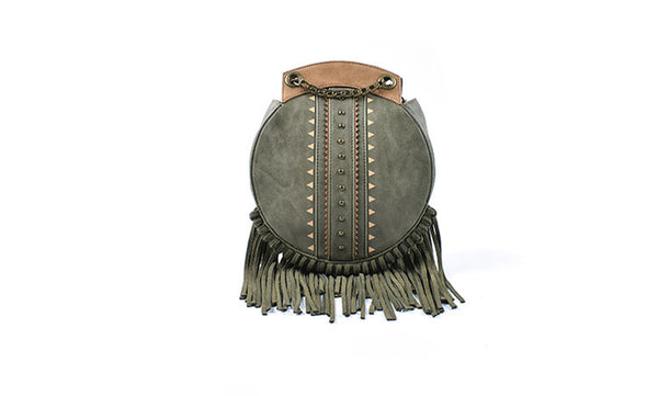 Small Womens Boho Vegan Leather Fringe Circle Crossbody Bag Purse for Women Cute