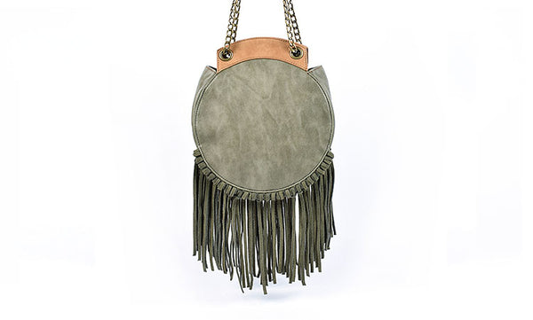 Small Womens Boho Vegan Leather Fringe Circle Crossbody Bag Purse for Women Durable