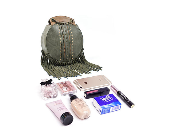 Small Womens Boho Vegan Leather Fringe Circle Crossbody Bag Purse for Women Fashion
